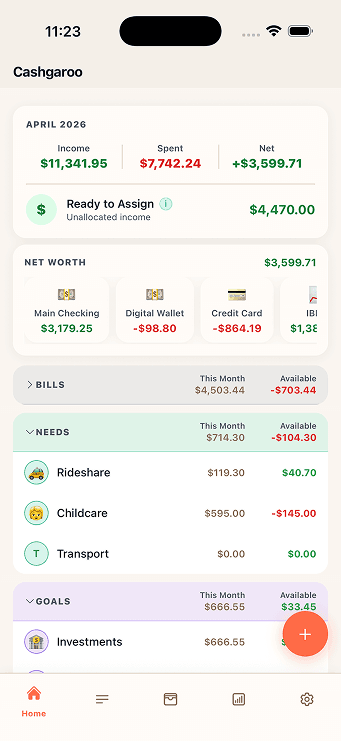 Cashgaroo app budget overview on a phone screen